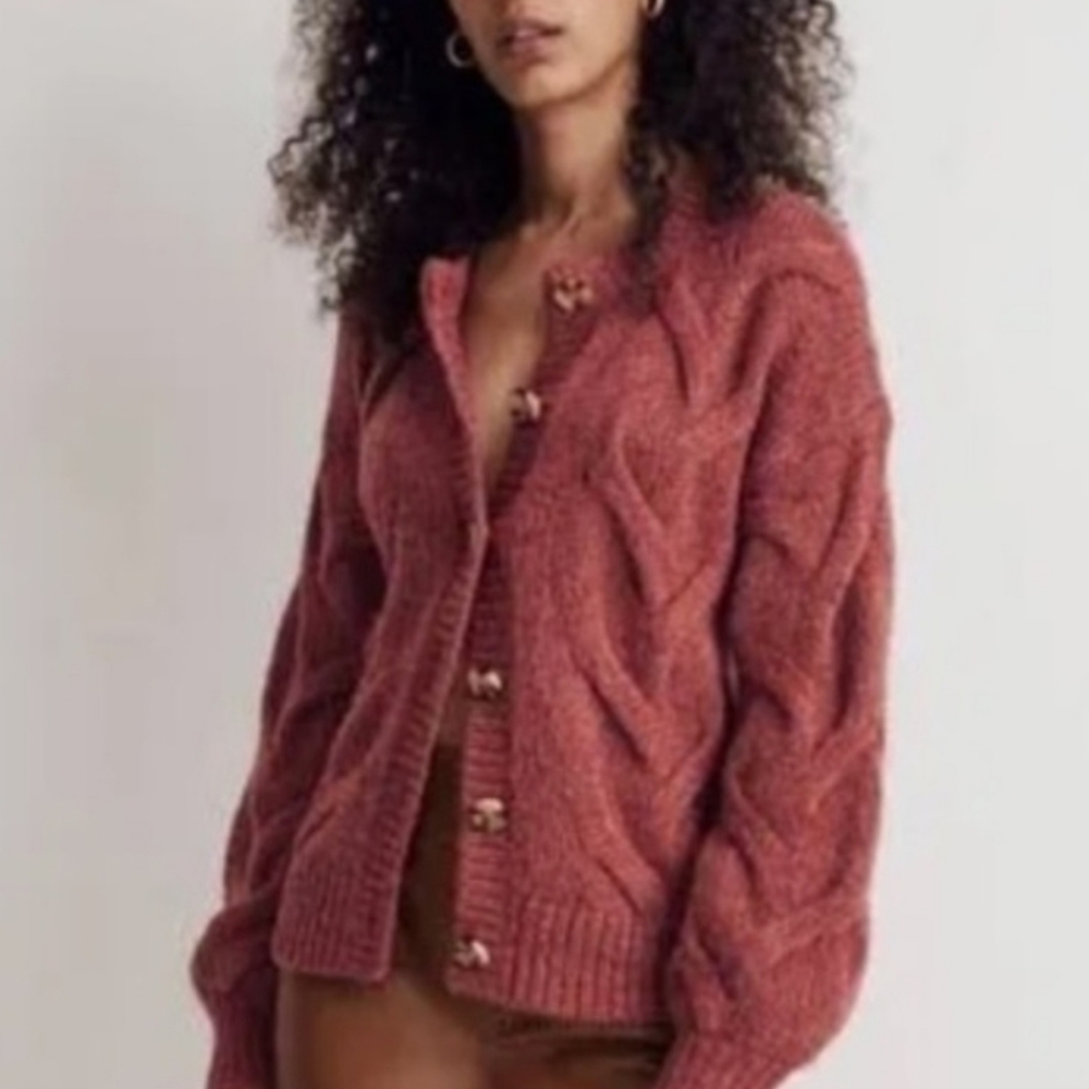 Madewell Cable Ashmont Cardigan In Heather Tulip Wool Blend Size Small